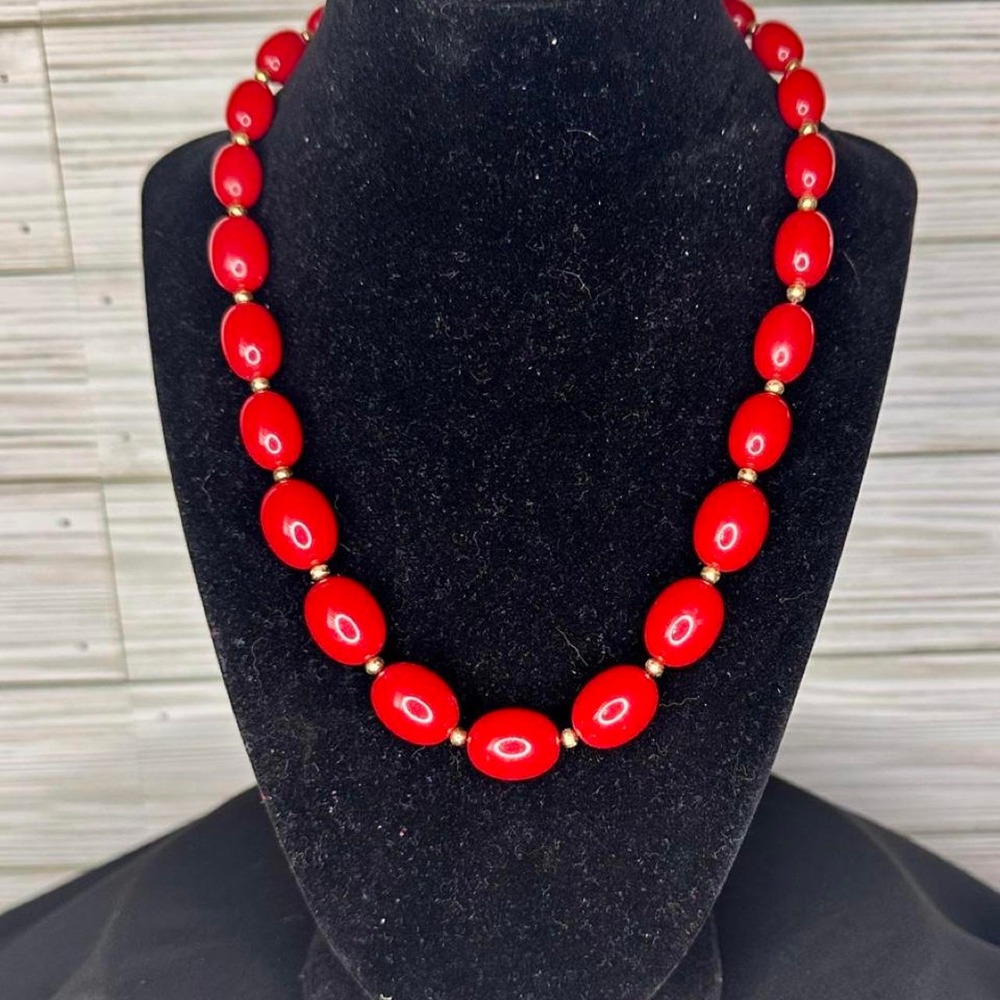 Monet Red Vintage Oval Graduated Beaded Necklace with Gold Tone Spacers